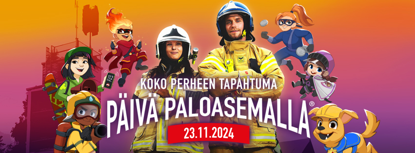 Kuvituskuvassa teksti "Koko perheen tapahtuma Päivä Paloasemalla 23.11.2024" ja kaksi aikuista palomiehen varusteissa. Taustalla paloaseman letkutorni ja väestöhälyttimet. Kuvassa myös kuusi piirroshahmoa. 